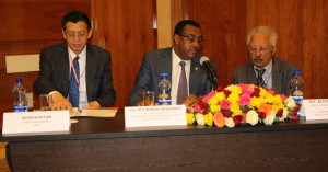 Shenggen Fan, IFPRI director general; Demeke Mekonnen, Deputy Prime Minister of Ethiopia; and Newai Gebre-Ab, Chief Economic Advisor to the Prime Minister